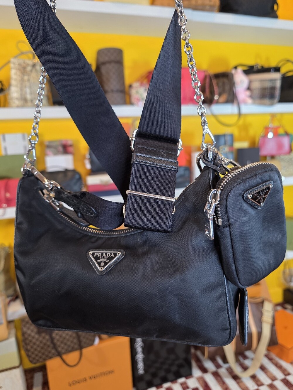 Prada Re Edition 2005 Black Nylon Shoulder Bag with Pouch and Chain Strap